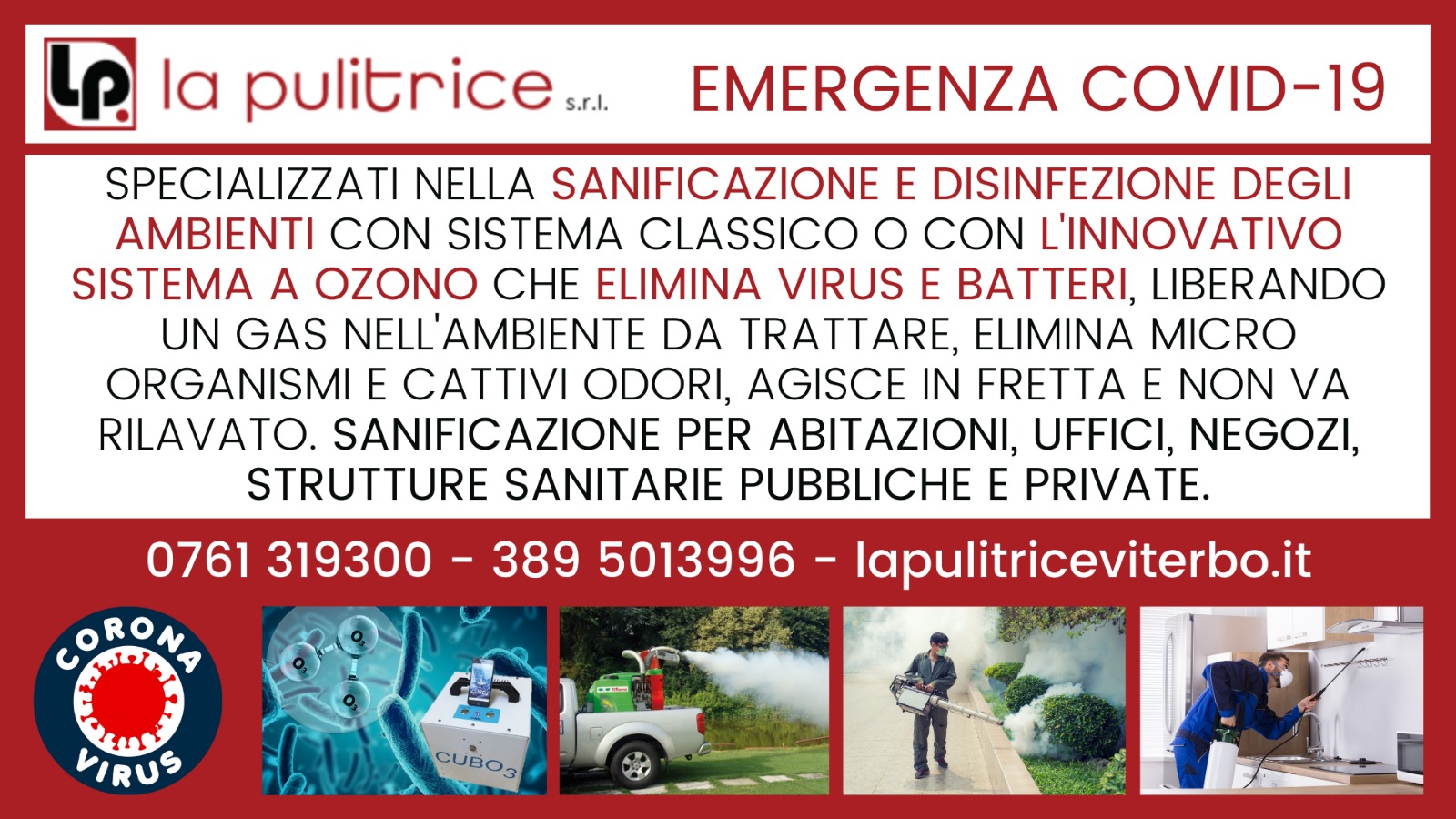 Annuncio sanificazione ambienti con sistema a ozono.