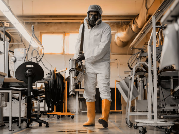 Operatore in tuta protettiva disinfetta un laboratorio.